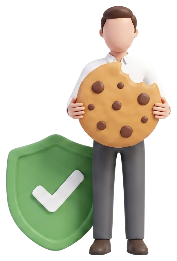 Un personnage tient un cookie géant, un bouclier de conformité validé à ses côtés