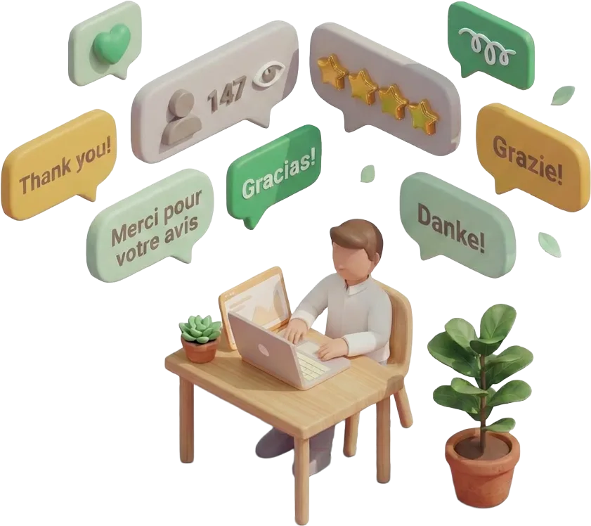 Illustration 3D : réponses aux avis clients en plusieurs langues