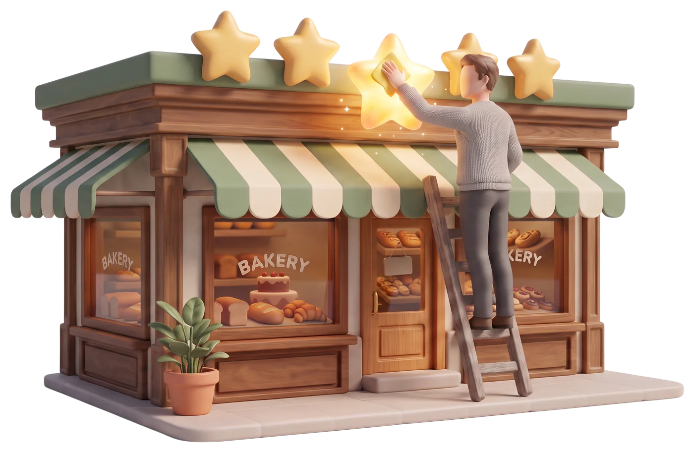 Illustration 3D : un commerçant fait briller les cinq étoiles de sa boutique